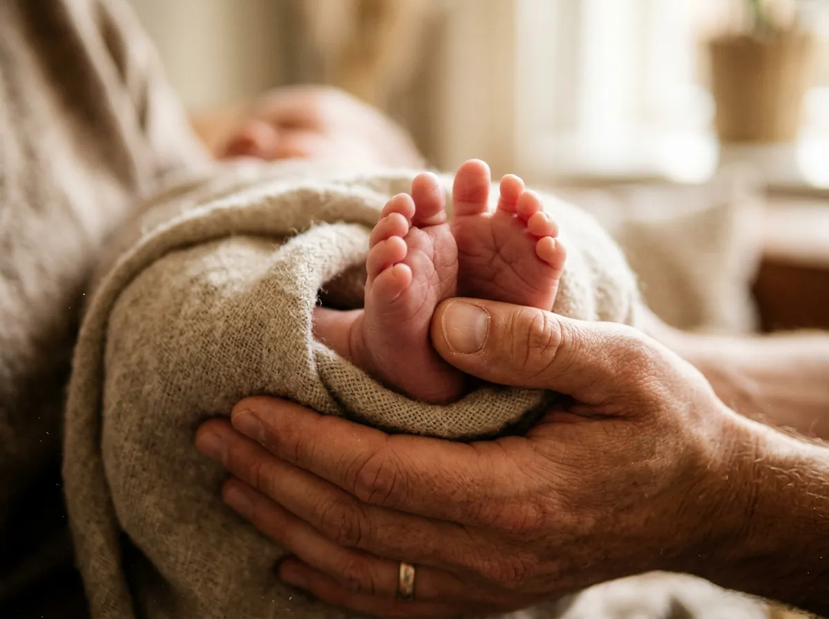 Detailopname van kleine babyvoetjes in zacht linnen