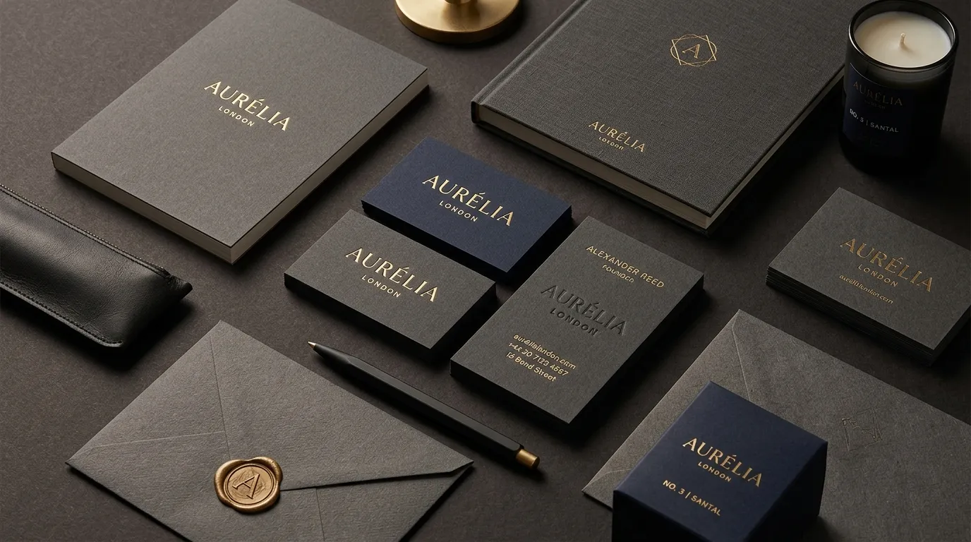 Luxe merkidentiteit, typografie en stationery design mockup door Dare Creations